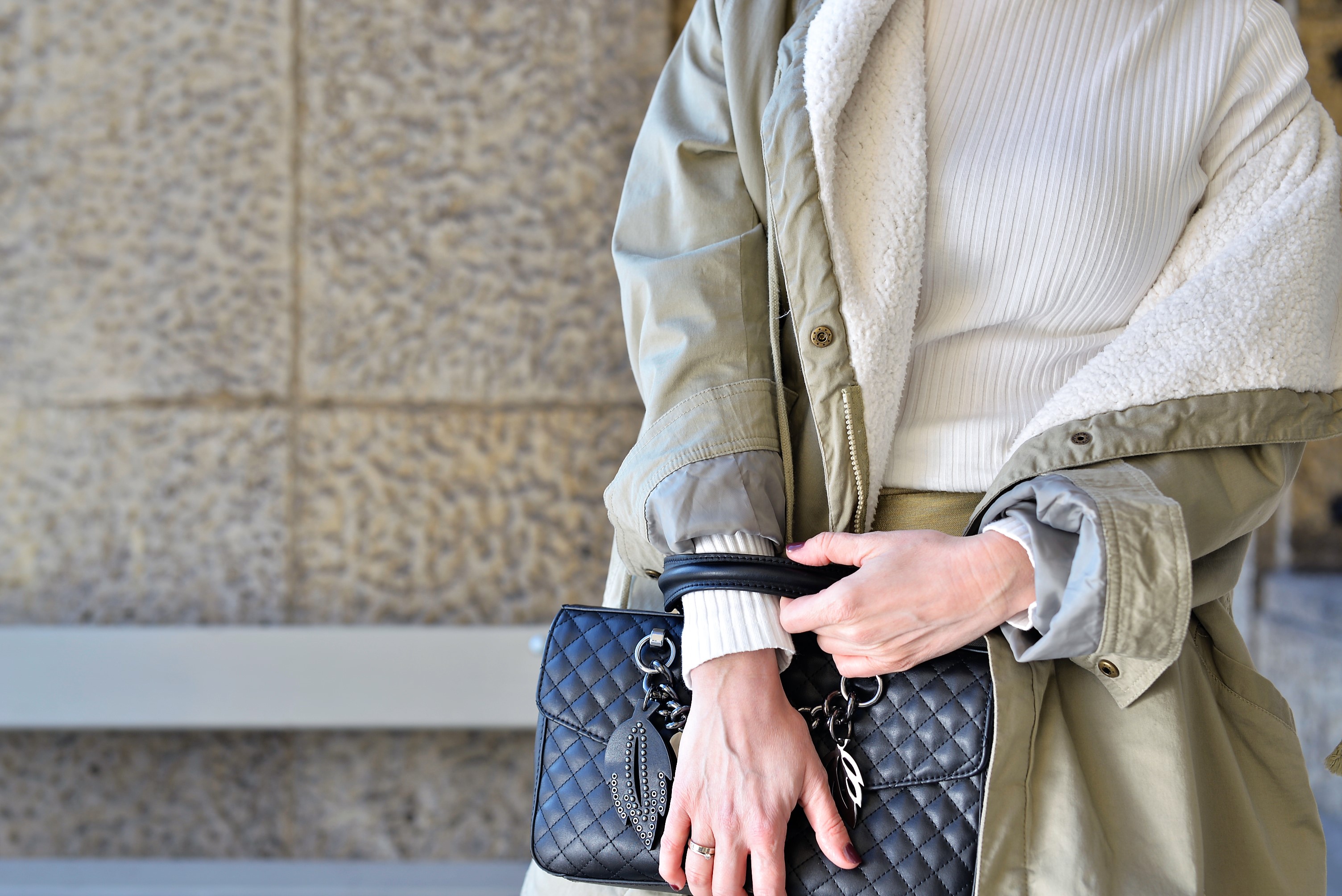 parka jacket, glitter skirt outfit, guess
